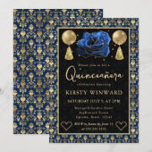 Invitation Blue & Gold Heart Damask & Rose Quinceanera (Devant / Derrière)