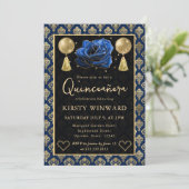 Invitation Blue & Gold Heart Damask & Rose Quinceanera (Debout devant)