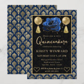 Invitation Blue & Gold Heart Damask & Rose Quinceanera (Devant / Derrière)