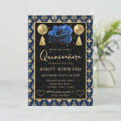 Invitation Blue & Gold Heart Damask & Rose Quinceanera (Debout devant)