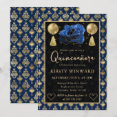 Invitation Blue & Gold Heart Damask & Rose Quinceanera (Devant / Derrière)