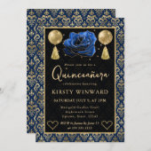 Invitation Blue & Gold Heart Damask & Rose Quinceanera (Devant / Derrière)