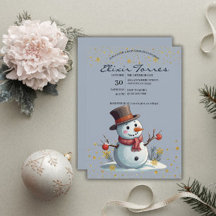 Invitation Blue & Gold Little Snowflakes Snowman Baby shower