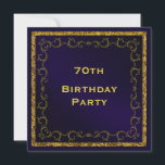 Invitation Blue & Gold Man's Double Side 70th Birthday<br><div class="desc">Elégant personnalisation / personnalisation personnalisée double face 70e anniversaire invitations de fête pour hommes et garçons. L'avant de cette invitation d'anniversaire a une belle bordure de tourbillons d'or imprimés sur un arrière - plan bleu foncé avec une étonnante bordure abstraite d'or. Un invitation parfait pour n'importe quel garçon ou homme....</div>