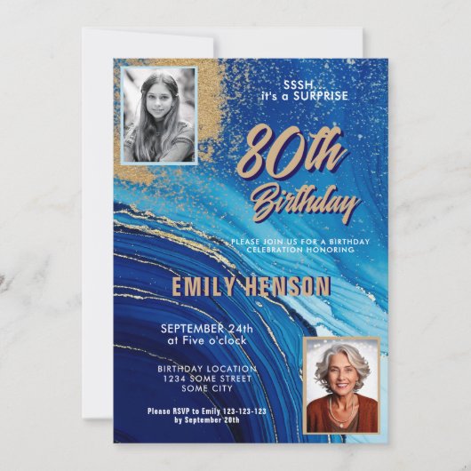 Invitation Blue Gold Marble Glitter 2 Photo 80th Birthday (Devant)