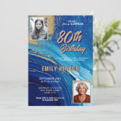 Invitation Blue Gold Marble Glitter 2 Photo 80th Birthday (Debout devant)