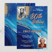 Invitation Blue Gold Marble Glitter 2 Photo 80th Birthday (Devant / Derrière)