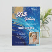 Invitation Blue Gold Marble Glitter Photo 80th Birthday (Debout devant)
