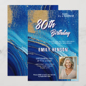 Invitation Blue Gold Marble Glitter Photo 80th Birthday (Devant / Derrière)