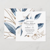 Invitation Blue Gold Moderne Floral Fête des mariées élégante (Devant / Derrière)