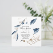 Invitation Blue Gold Moderne Floral Fête des mariées élégante (Debout devant)