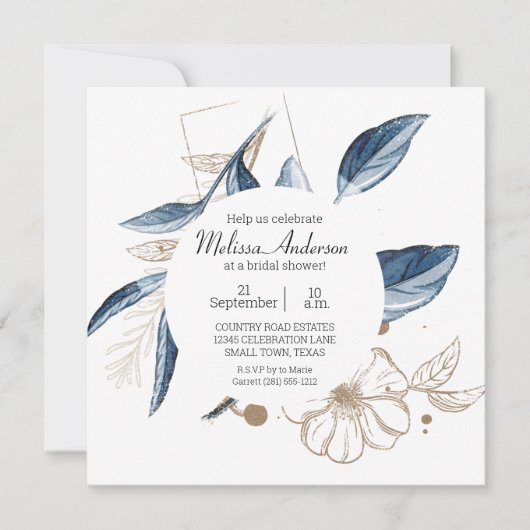 Invitation Blue Gold Moderne Floral Fête des mariées élégante (Devant)