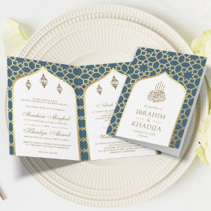 Invitation Blue Gold Motif islamique QR Code Mariage musulman