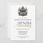 Invitation Blue Gold Nautical Anchor 10th Wedding Anniversary (Devant)