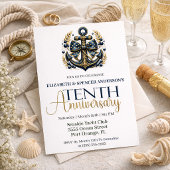Invitation Blue Gold Nautical Anchor 10th Wedding Anniversary