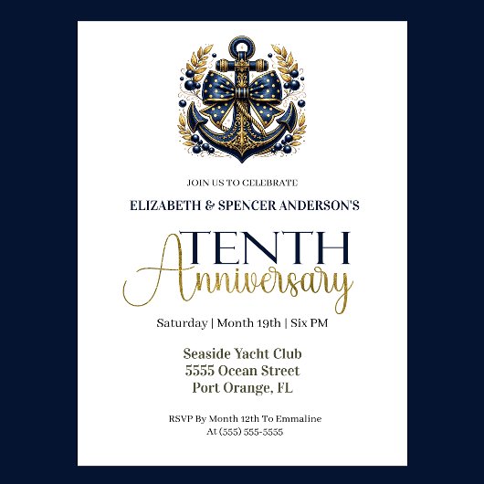 Invitation Blue Gold Nautical Anchor 10th Wedding Anniversary