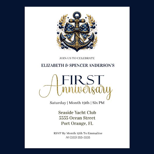 Invitation Blue Gold Nautical Anchor 1st Wedding Anniversary
