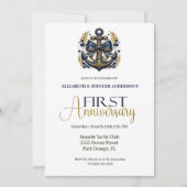 Invitation Blue Gold Nautical Anchor 1st Wedding Anniversary (Devant)
