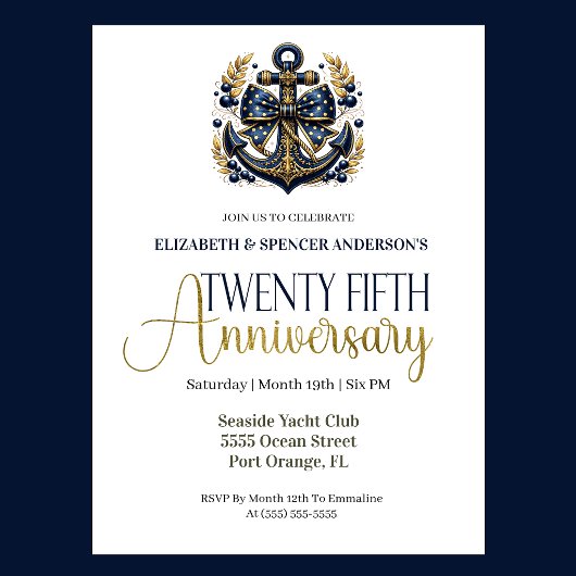 Invitation Blue Gold Nautical Anchor 25th Wedding Anniversary