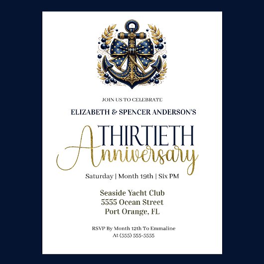 Invitation Blue Gold Nautical Anchor 30th Wedding Anniversary