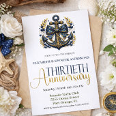 Invitation Blue Gold Nautical Anchor 30th Wedding Anniversary