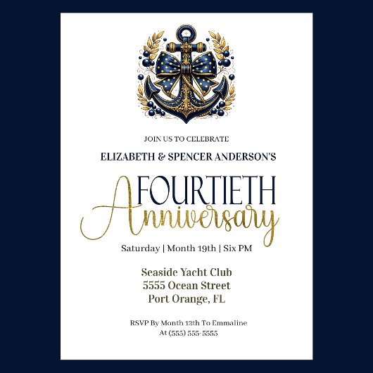 Invitation Blue Gold Nautical Anchor 40th Wedding Anniversary