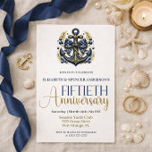 Invitation Blue Gold Nautical Anchor 50th Wedding Anniversary