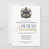 Invitation Blue Gold Nautical Anchor 50th Wedding Anniversary (Devant)