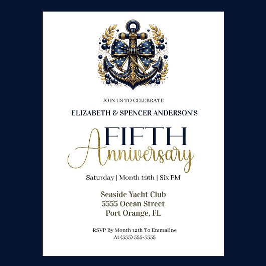 Invitation Blue Gold Nautical Anchor 5th Wedding Anniversary