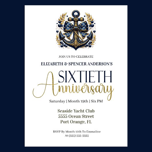 Invitation Blue Gold Nautical Anchor 60th Wedding Anniversary