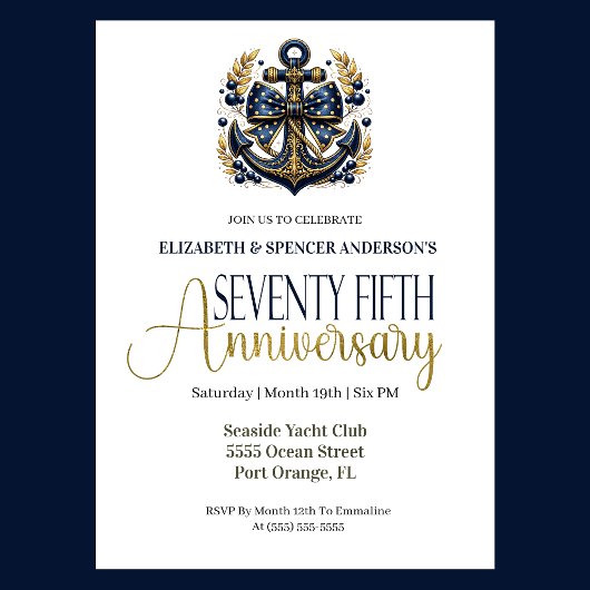 Invitation Blue Gold Nautical Anchor 75th Wedding Anniversary