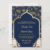 Invitation Blue Gold Paisley Floral QR Code Mariage indien (Devant)
