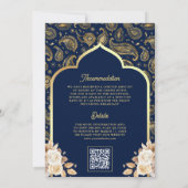 Invitation Blue Gold Paisley Floral QR Code Mariage indien (Dos)