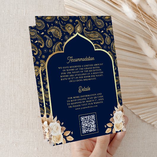 Invitation Blue Gold Paisley Floral QR Code Mariage indien