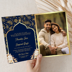 Invitation Blue Gold Paisley Floral QR Code Mariage indien