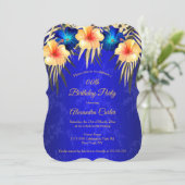 Invitation Blue Gold Palms Hibiscus Damask fête d'anniversair (Debout devant)