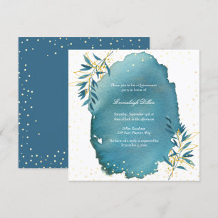 Invitation Blue Gold Parties scintillant Botanique Quinceaner