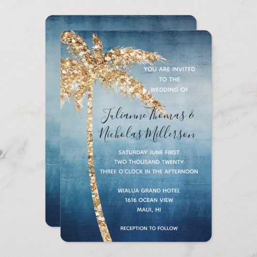 Invitation Blue Gold Parties scintillant Tropical Palm Tree M (Devant / Derrière)