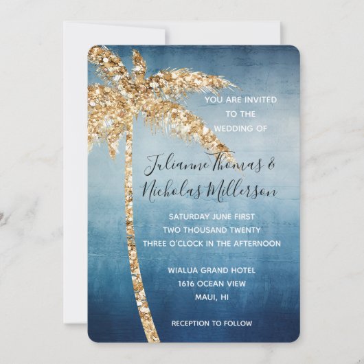Invitation Blue Gold Parties scintillant Tropical Palm Tree M (Devant)