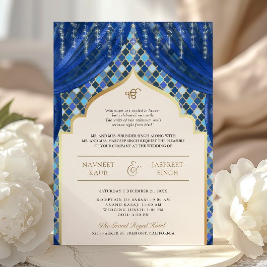 Invitation Blue Gold Quatrefoil QR Code Sikh Mariage