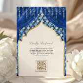 Invitation Blue Gold Quatrefoil QR Code Sikh Mariage