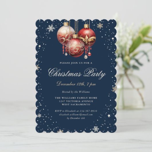 Invitation Blue Gold Red Ornaments Christmas Party (Debout devant)