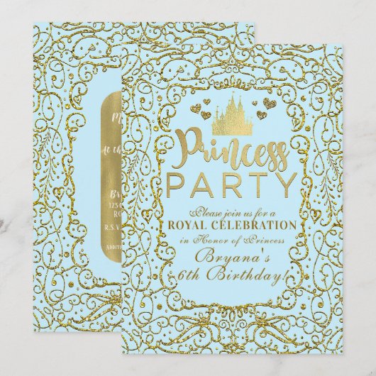 Invitation Blue & Gold Royal Castle PRINCESS PARTY Anniversai (Devant / Derrière)