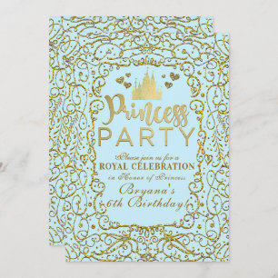 Invitation Blue & Gold Royal Castle PRINCESS PARTY Anniversai