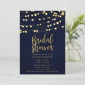 Invitation Blue Gold Rustic Wood & Lights Fête des mariées (Debout devant)