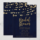 Invitation Blue Gold Rustic Wood & Lights Fête des mariées (Devant / Derrière)