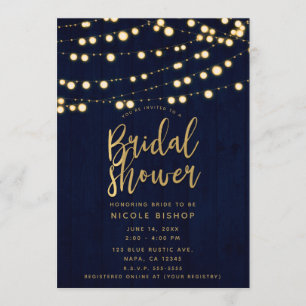 Invitation Blue Gold Rustic Wood & Lights Fête des mariées
