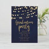 Invitation Blue Gold Rustic Wood & Lights Graduation Party (Debout devant)