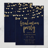 Invitation Blue Gold Rustic Wood & Lights Graduation Party (Devant / Derrière)
