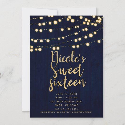 Invitation Blue Gold Rustic Wood & Lights Sweet 16 (Devant)